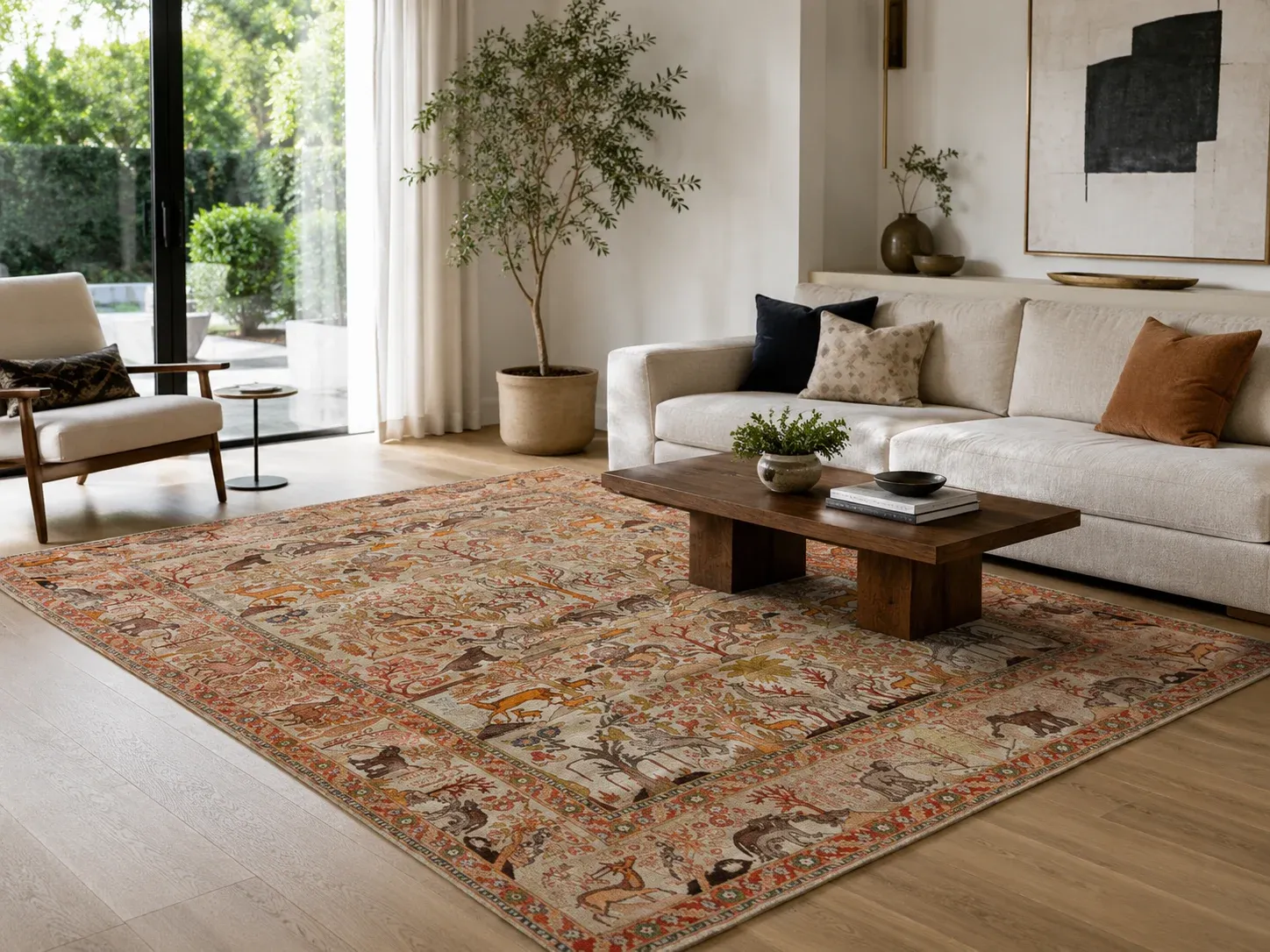 Machine-woven Persian carpet with pictorial pattern in a living room